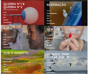 "Cartaz digital do Festival Entretodos com destaque para seis curtas de videarte: ‘Quebra nº1 & nº2’ (Lei Lei, China, 2024), ‘Respiração’ (Vivian Papageorgiou, Grécia, 2024), ‘Ruth’ (Sonia Guggisberg, Brasil, 2023), ‘Sem Mim’ (Joanna Mamede e Diana Herzog, Brasil, 2023), ‘Sob o Deserto’ (Claude Ciccolella, França, 2023) e ‘Voando para Lugar Algum’ (Matthew Lancit, Canadá, 2018).